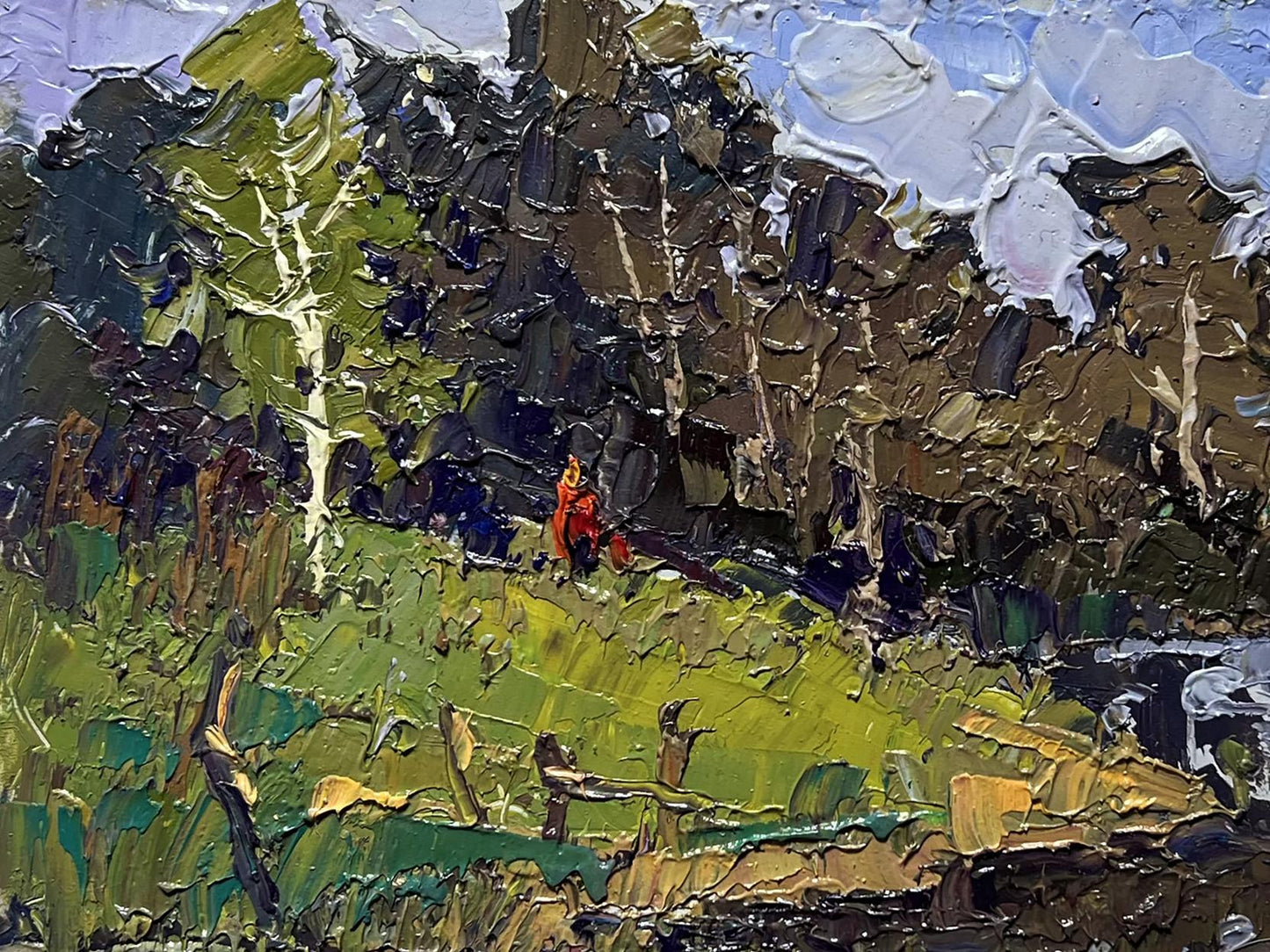 Vibrant impressionistic forest oil painting by Oleksiy Ivanyuk, By boat to the shore