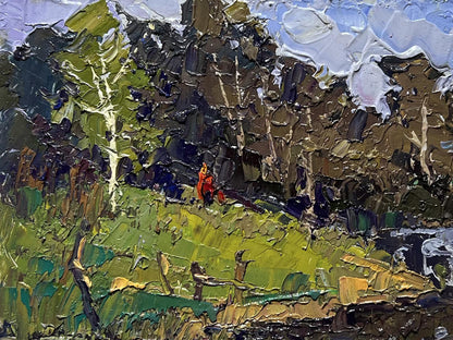 Vibrant impressionistic forest oil painting by Oleksiy Ivanyuk, By boat to the shore