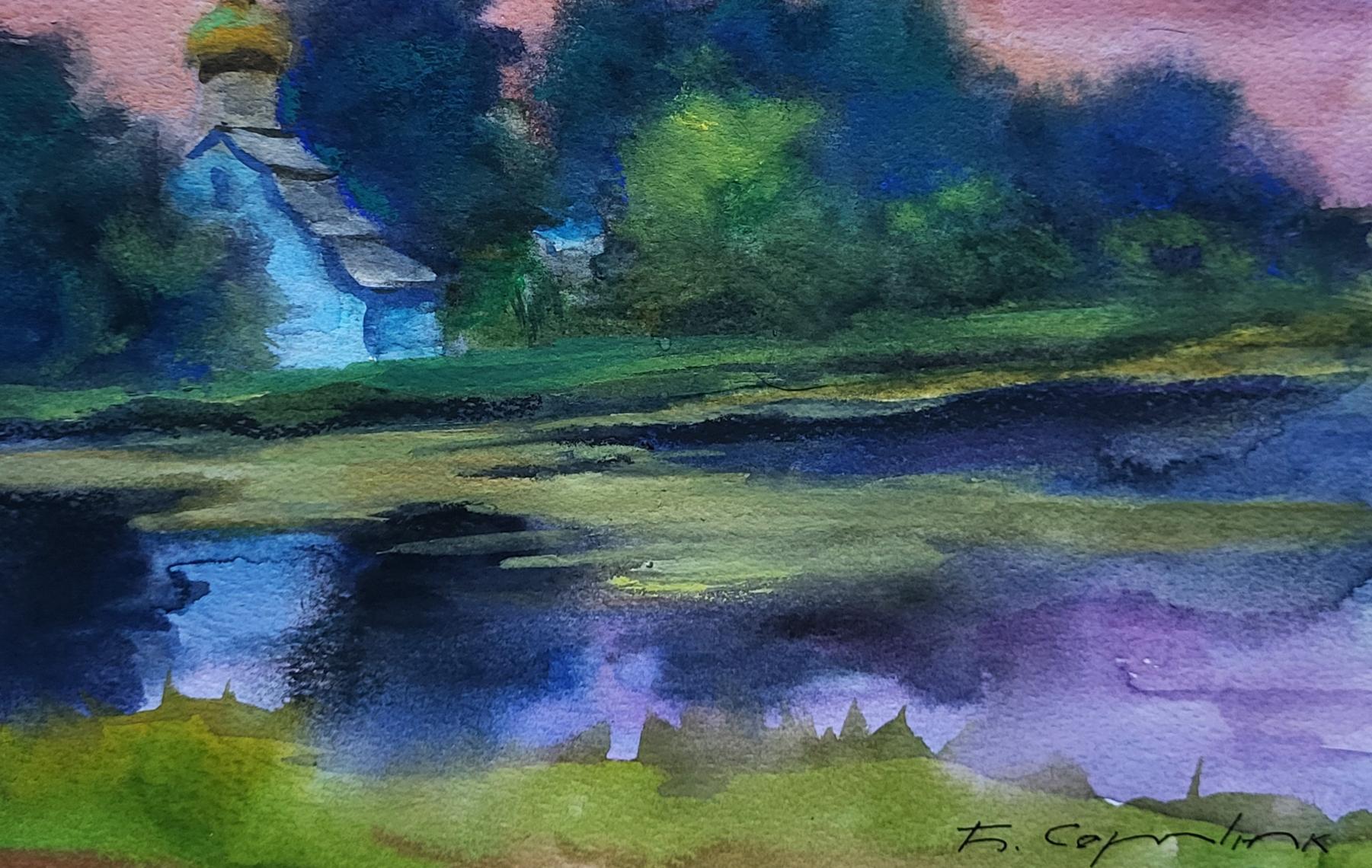 Watercolor painting Morning over the river by Boris Serdyuk: blue church with golden dome in trees, pond reflection