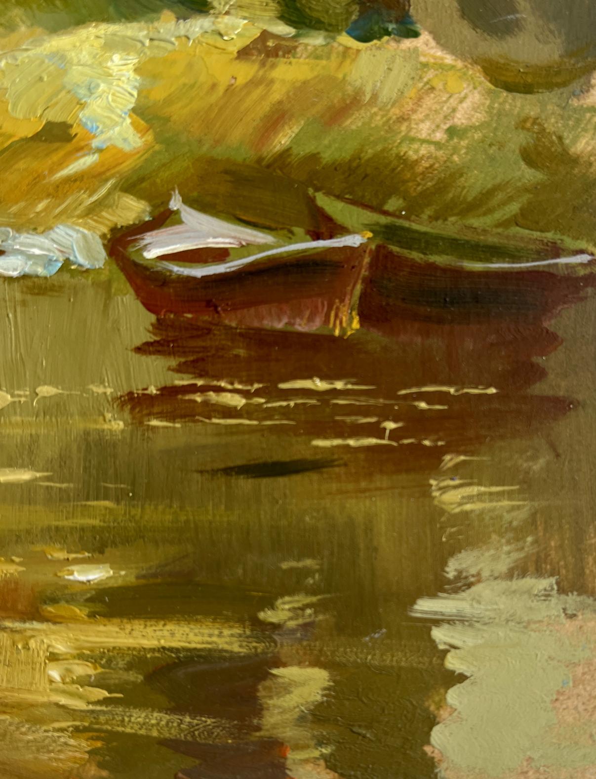 Rustic red rowboat with white interior on calm lake, Silence in nature oil painting by Yuriy Suprunchuk