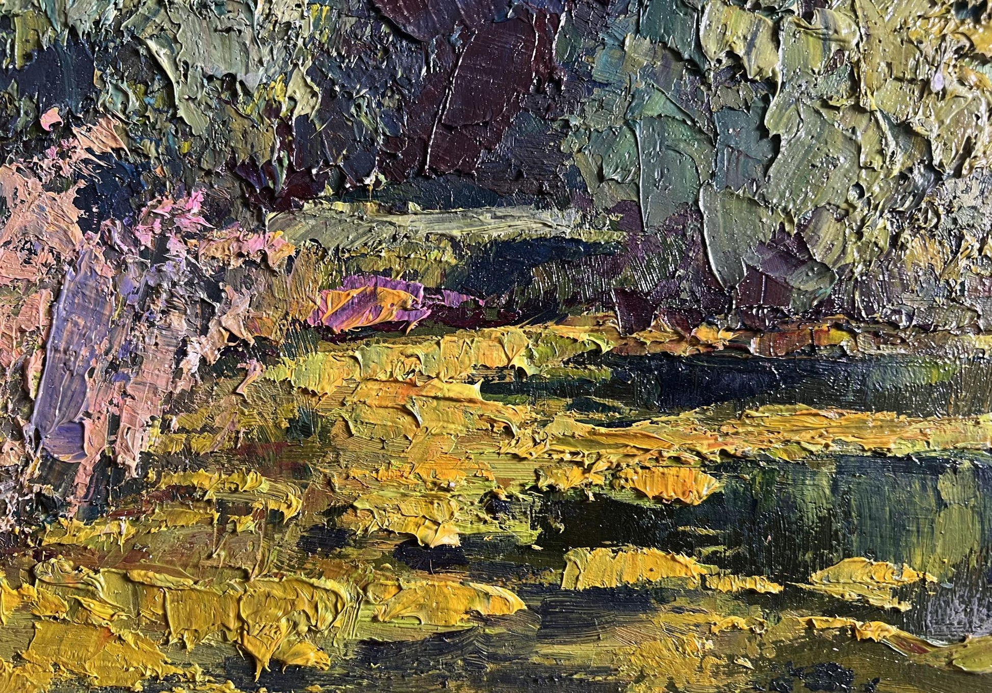 Oil painting In the forest pond by Boris Serdyuk with impasto greens