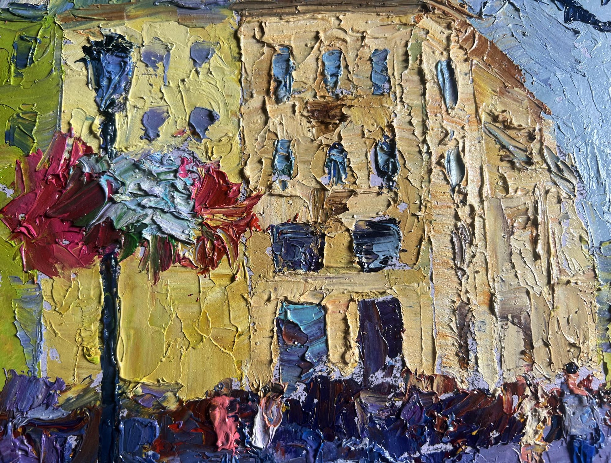 Oil painting Summer day in the city by Boris Serdyuk, yellow building with blue windows