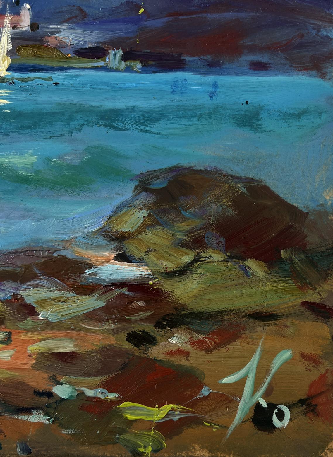 Oil painting of seagulls over waves by Yuriy Suprunchuk with textured rock near blue water