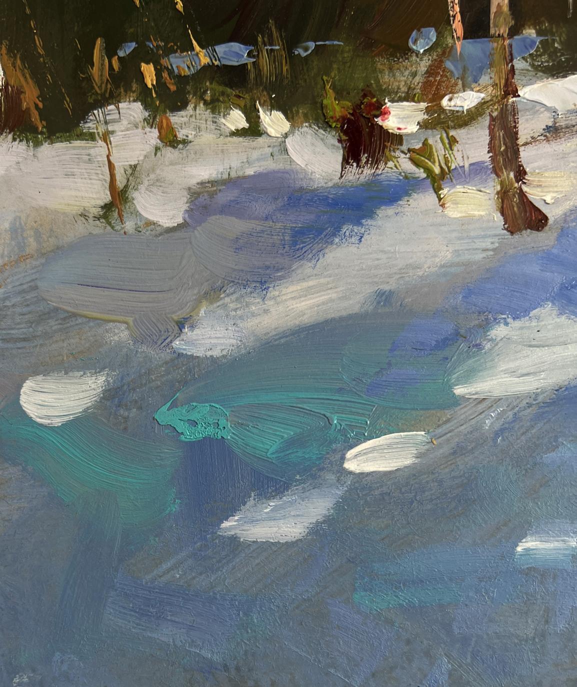 Abstract blue teal white textured oil painting of Sunny winter forest by Yuriy Suprunchuk