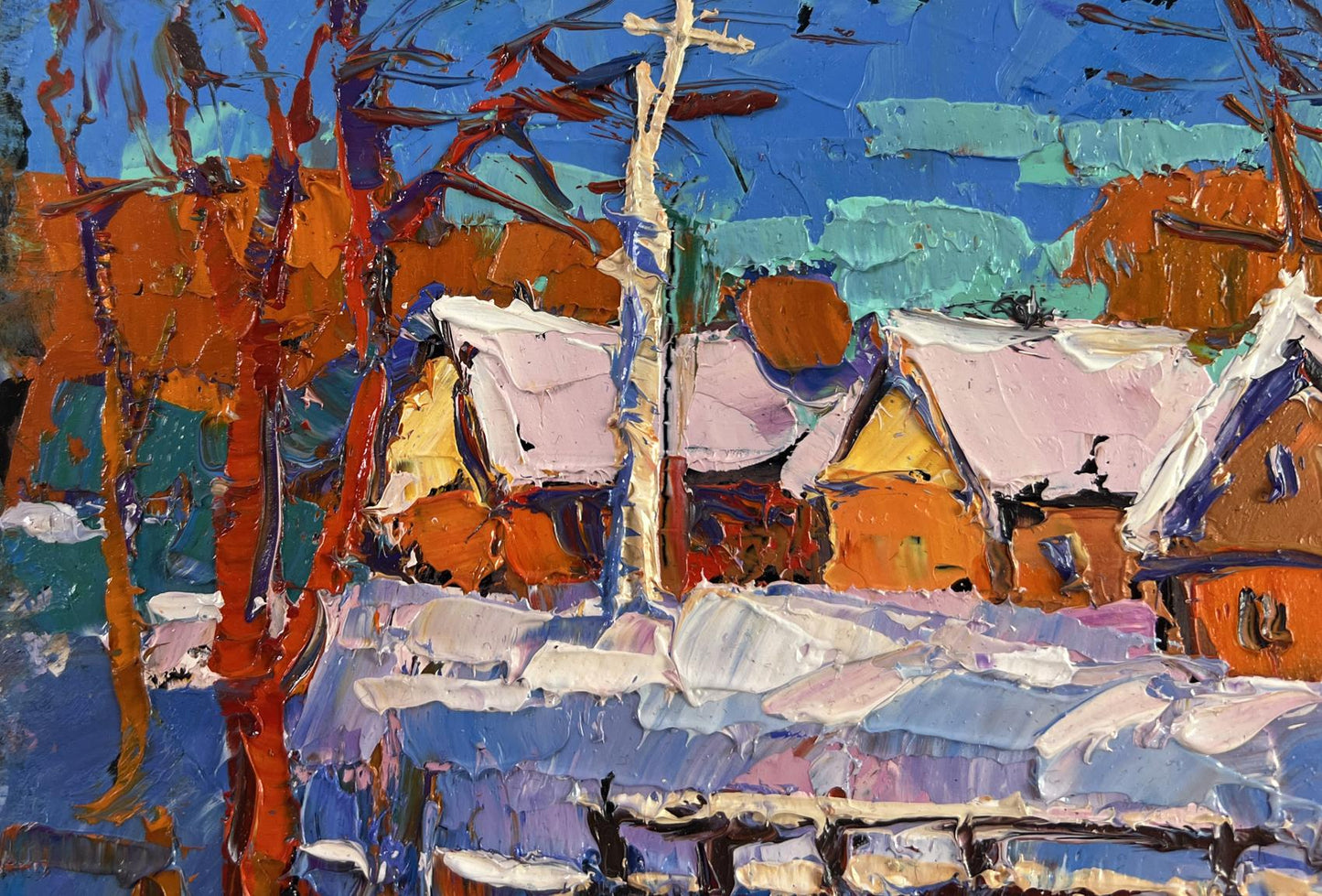 Vibrant impressionist oil painting Frosty breath of dawn by Oksana Ivanyuk snowy village