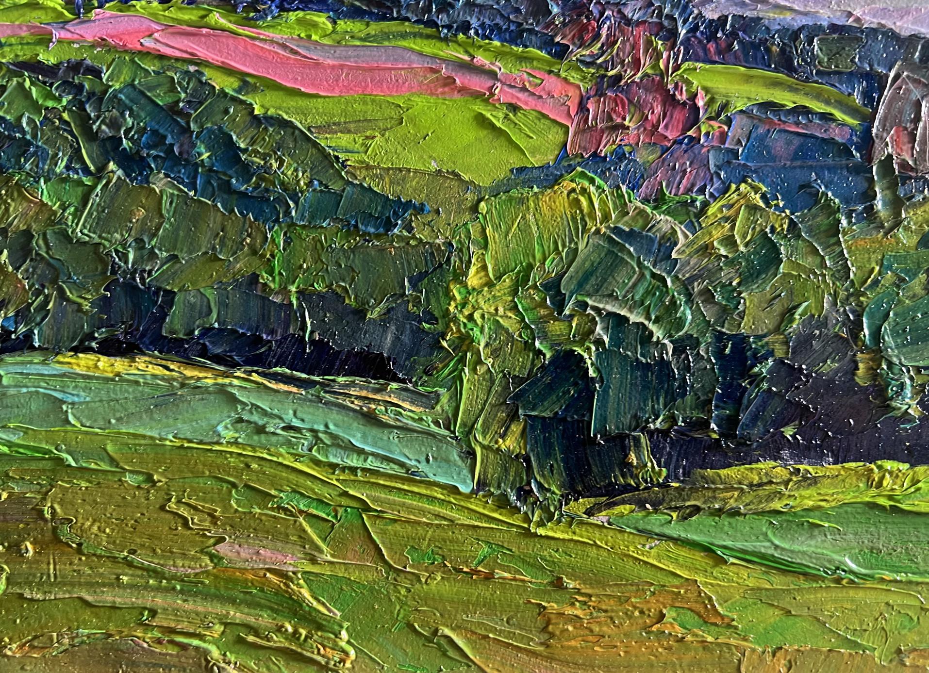 Oil painting of summer meadows and forests by Boris Serdyuk in vibrant impasto greens