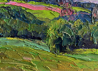 Oil painting of summer meadows and forests by Boris Serdyuk in vibrant impasto greens
