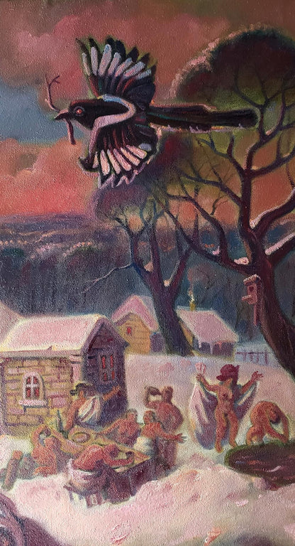 Stylized black-and-white magpie soaring over snowy village in Daniil Litvinov oil painting