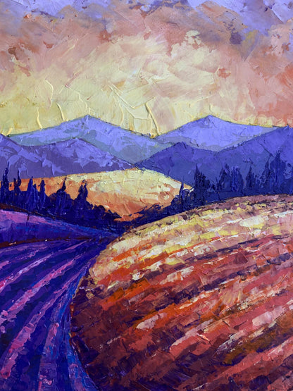 Vibrant impressionist oil painting by V. Zadorozhnya: Mountain Sunset lavender field