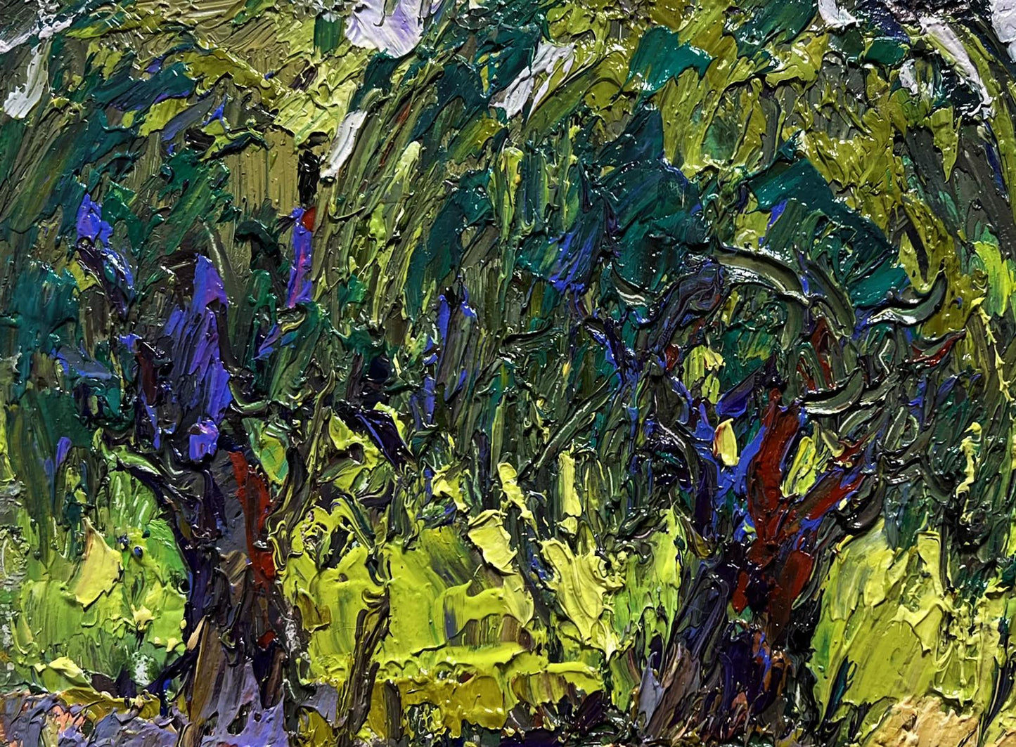 Vibrant impressionist oil painting of ducks hiding near tree by Oksana Ivanyuk