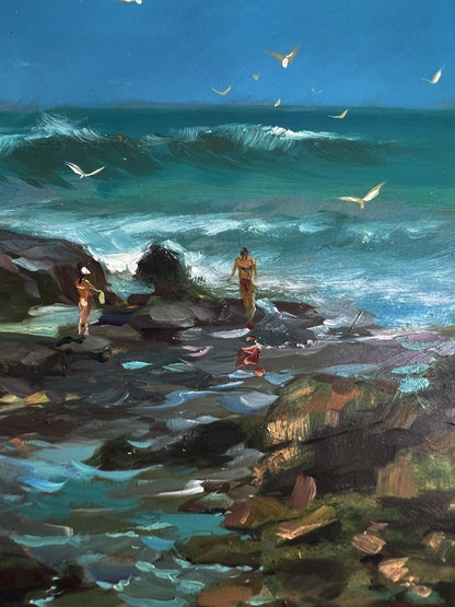 Oil painting of turquoise waves crashing on rocks by Yuriy Suprunchuk