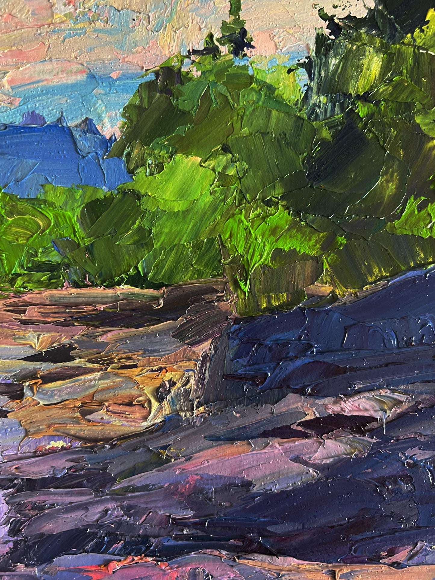 Oil painting Near a mountain stream by Boris Serdyuk: vibrant green foliage