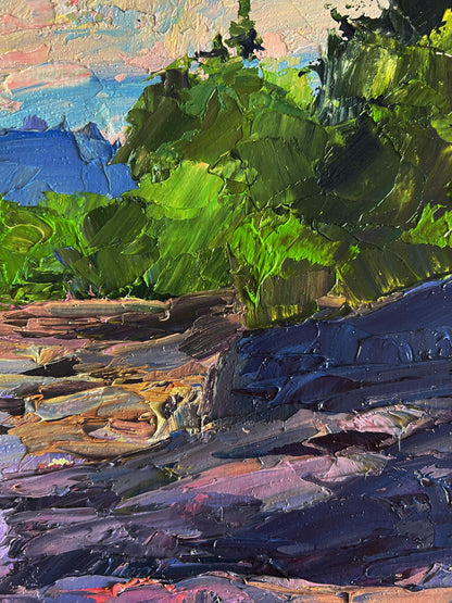 Oil painting Near a mountain stream by Boris Serdyuk: vibrant green foliage