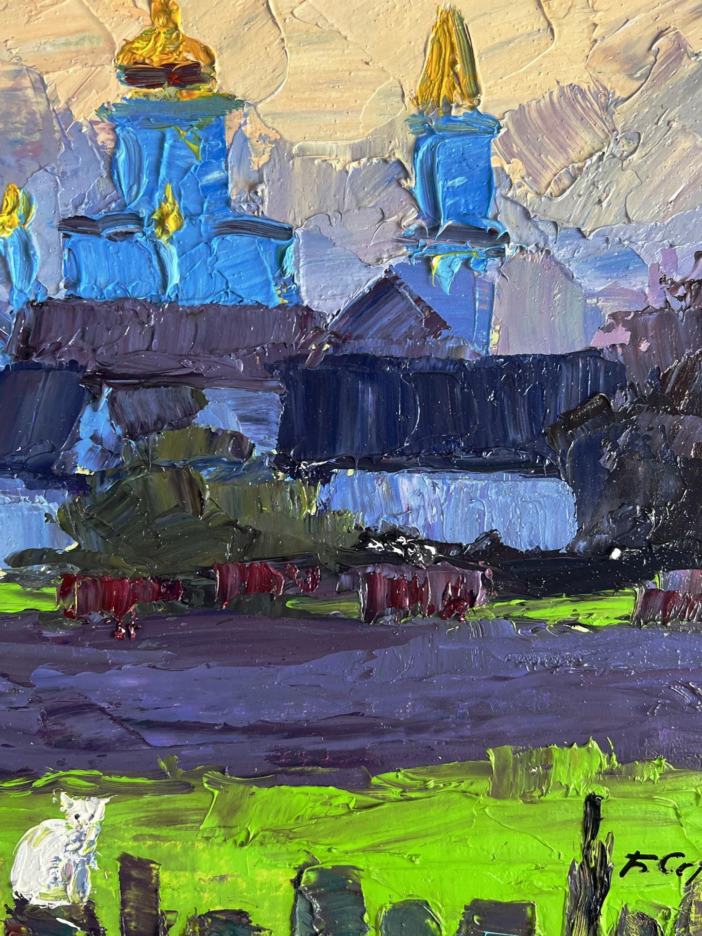 Vibrant impressionist oil painting by Boris Serdyuk of blue-domed church
