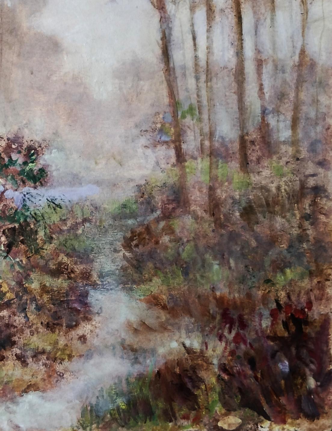 Impressionistic oil painting of misty forest stream by Vitaly Duhnevich