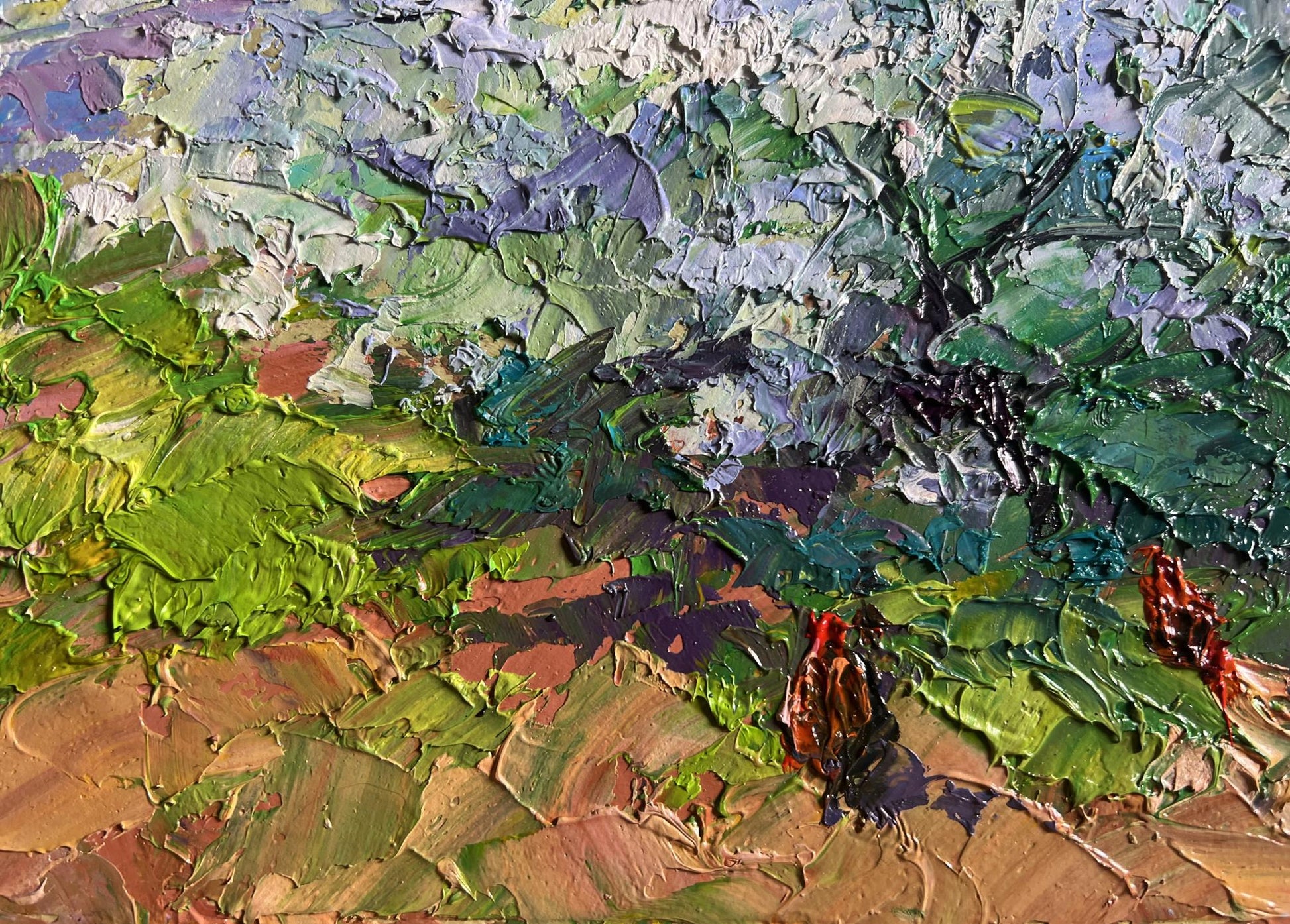 Impressionistic oil painting of flowering tree and chickens by Boris Serdyuk