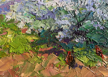 Impressionistic oil painting of flowering tree and chickens by Boris Serdyuk