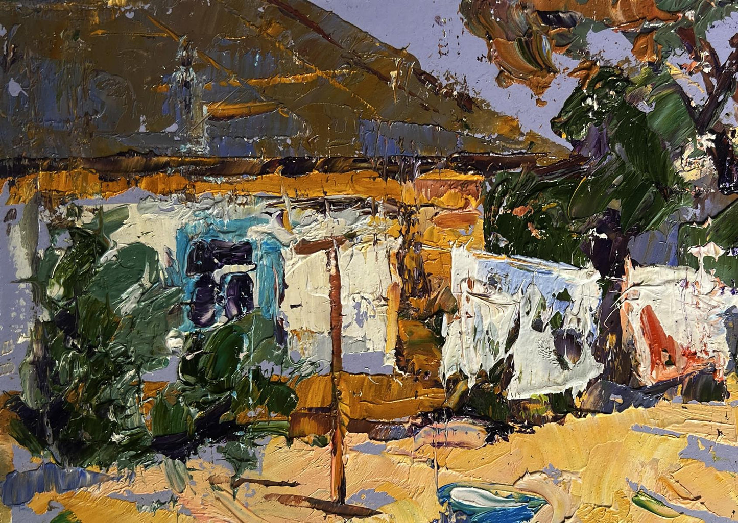 Impasto oil painting by Oleksiy Ivanyuk: clothes drying in yard