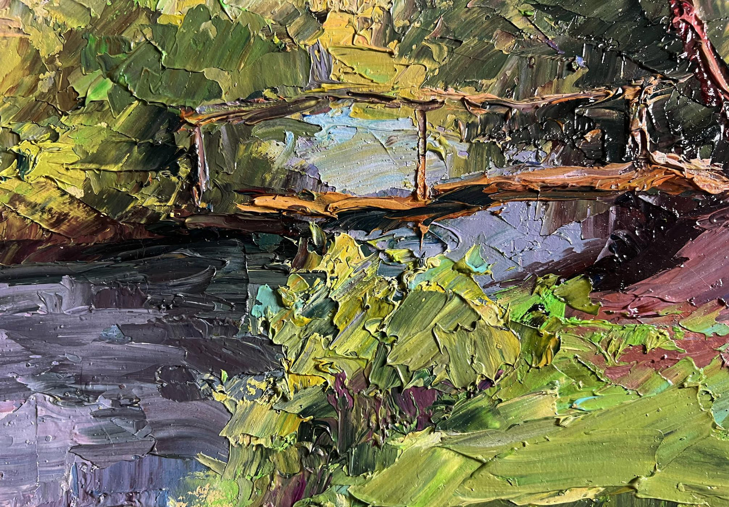 Oil painting by Boris Serdyuk: textured impasto landscape bridge with geese