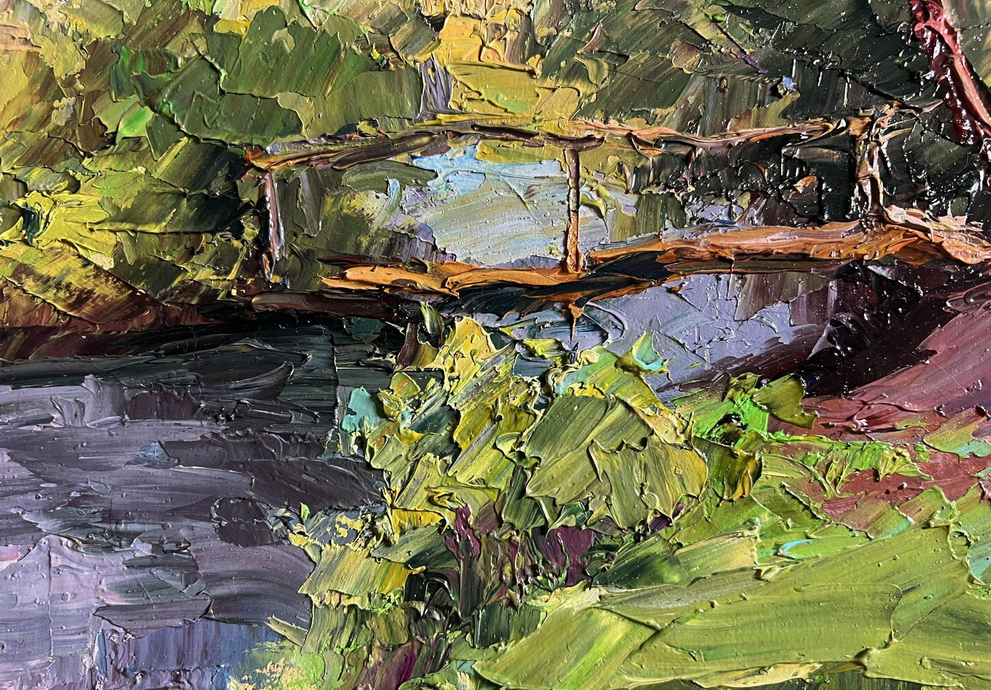 Oil painting by Boris Serdyuk: textured impasto landscape bridge with geese