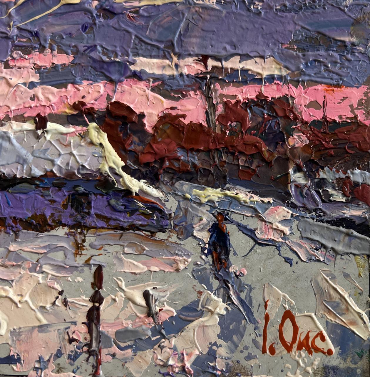Oil painting Pink winter evening Oksana Ivanyuk abstract purple pink red gray