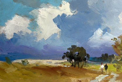 Oil painting by Yuriy Suprunchuk: summer field with clouds, trees, figures