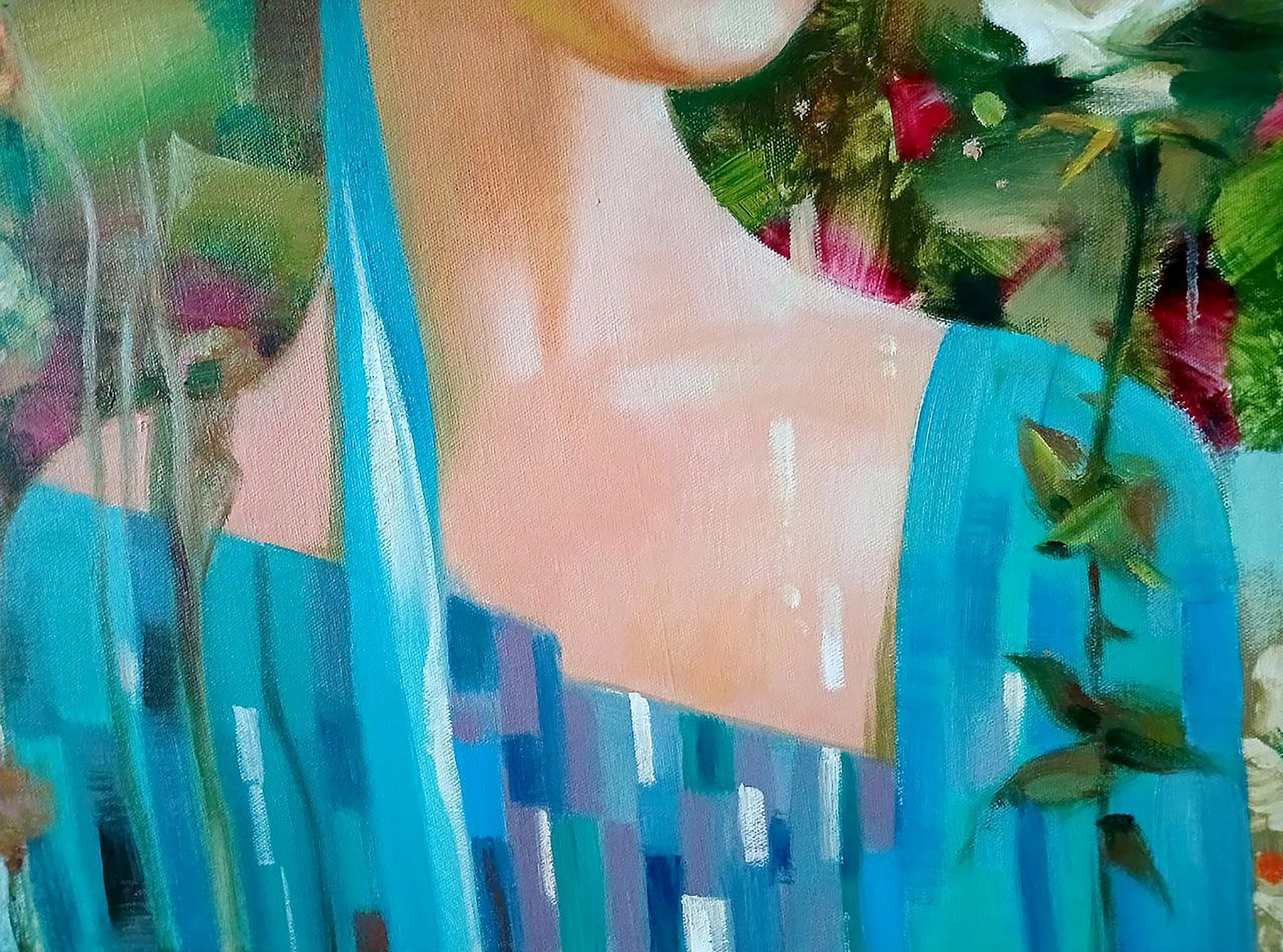 Vibrant blue abstract oil painting dress with geometric patterns by Anatoly Tarabanov