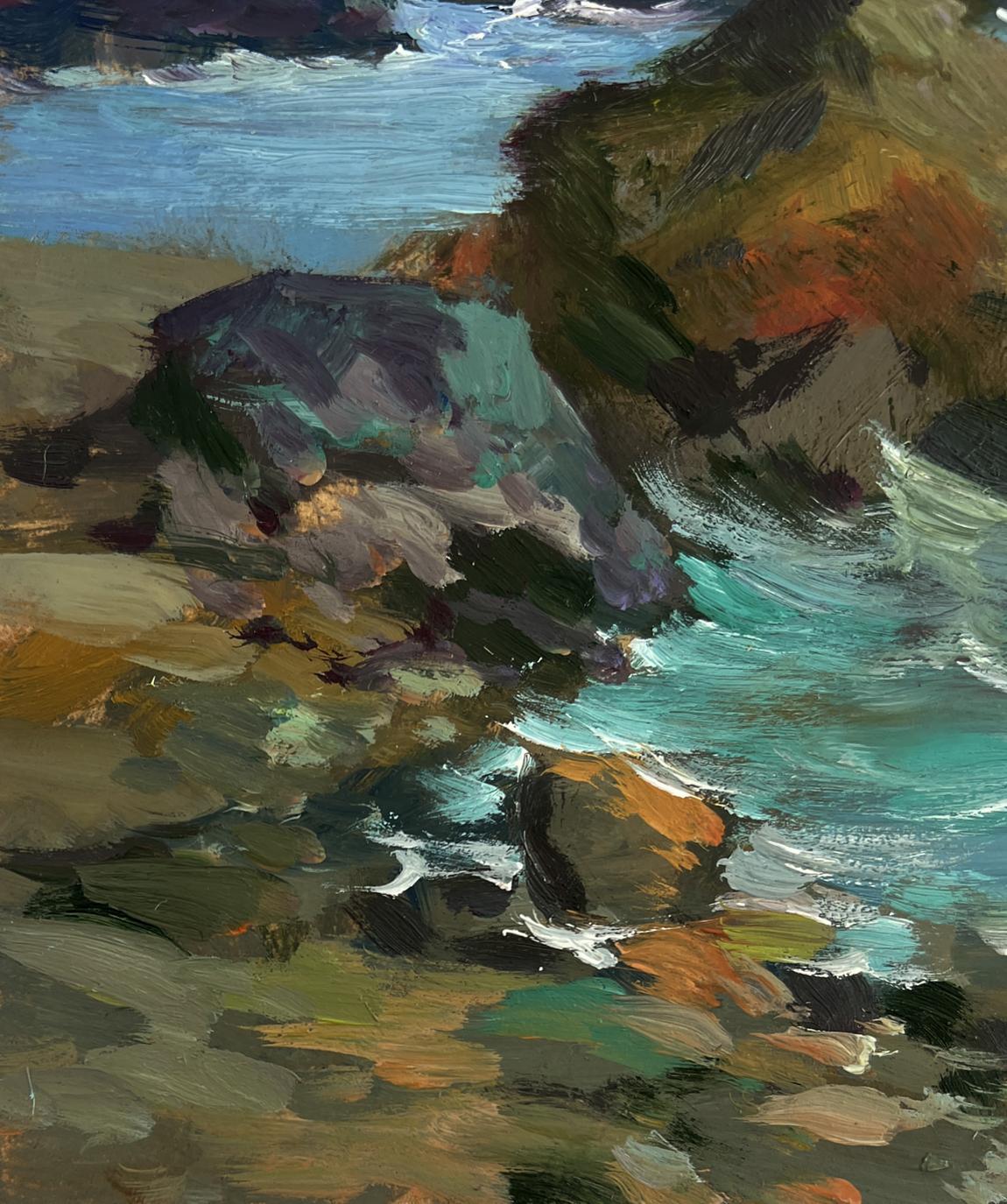 Textured impressionistic oil painting of sea storm approaching coastal rocks by Yuriy Suprunchuk
