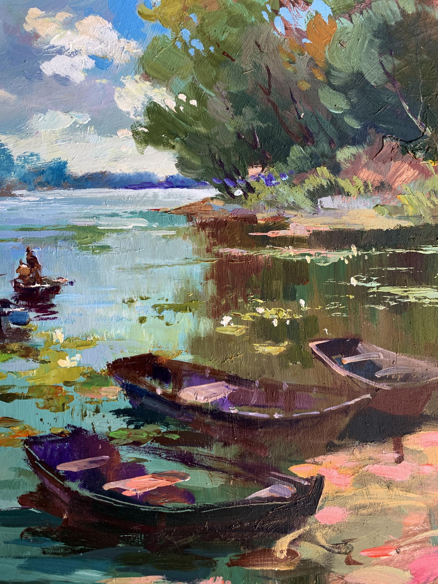 Vibrant impressionist oil painting by Yuriy Suprunchuk: rowboats on lily-pad lake