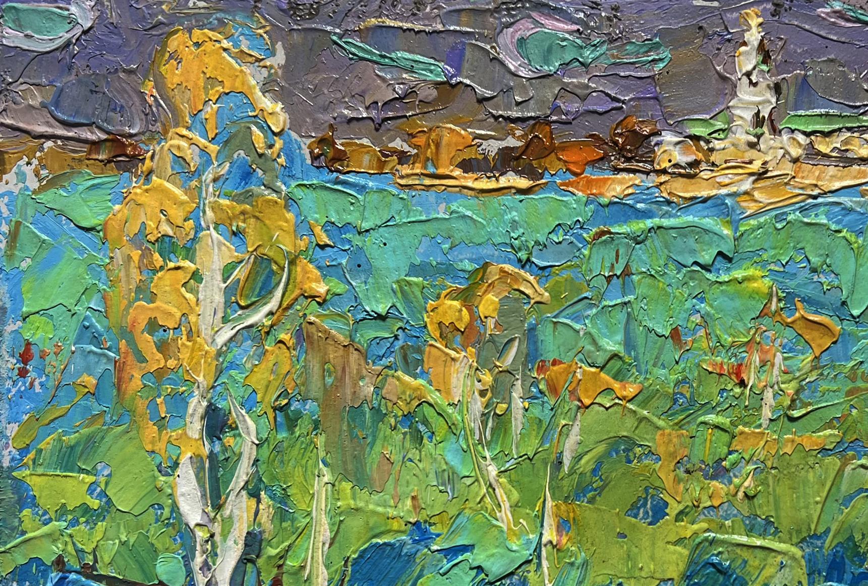 Oil painting Early autumn has come by Oksana Ivanyuk, vibrant green yellow blue strokes