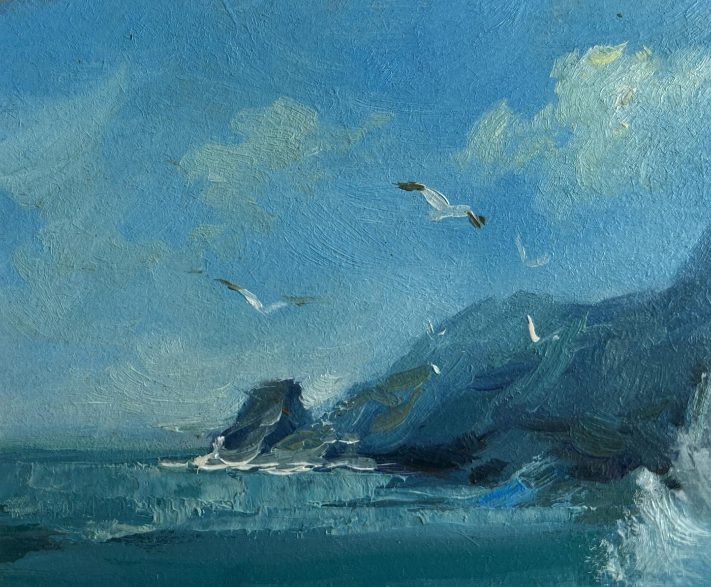 Oil painting by Yuriy Suprunchuk: sea waves crashing on rocks with seagulls