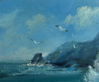 Oil painting by Yuriy Suprunchuk: sea waves crashing on rocks with seagulls