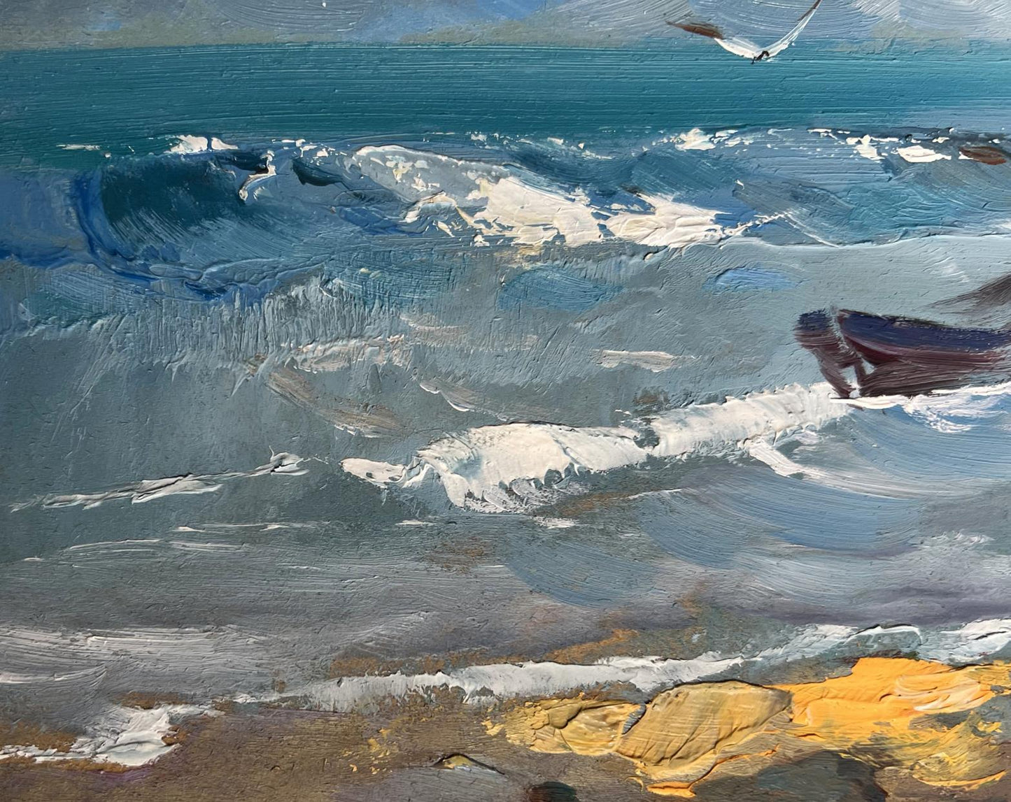 Textured oil painting of turbulent ocean waves and seagull by Yuriy Suprunchuk