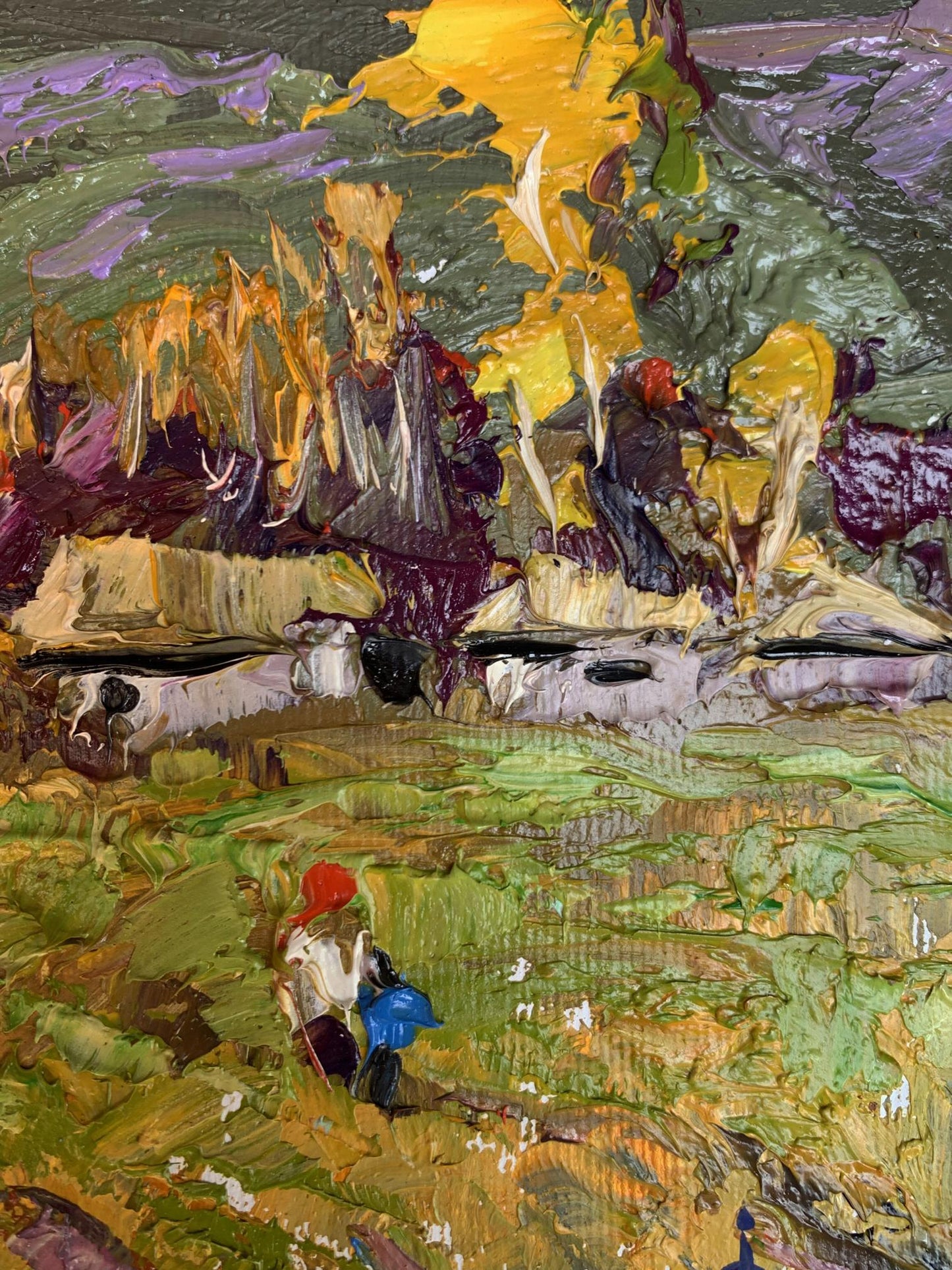 Oil painting It was raining by Oksana Ivanyuk with vibrant green yellow purple strokes and red-hatted figure