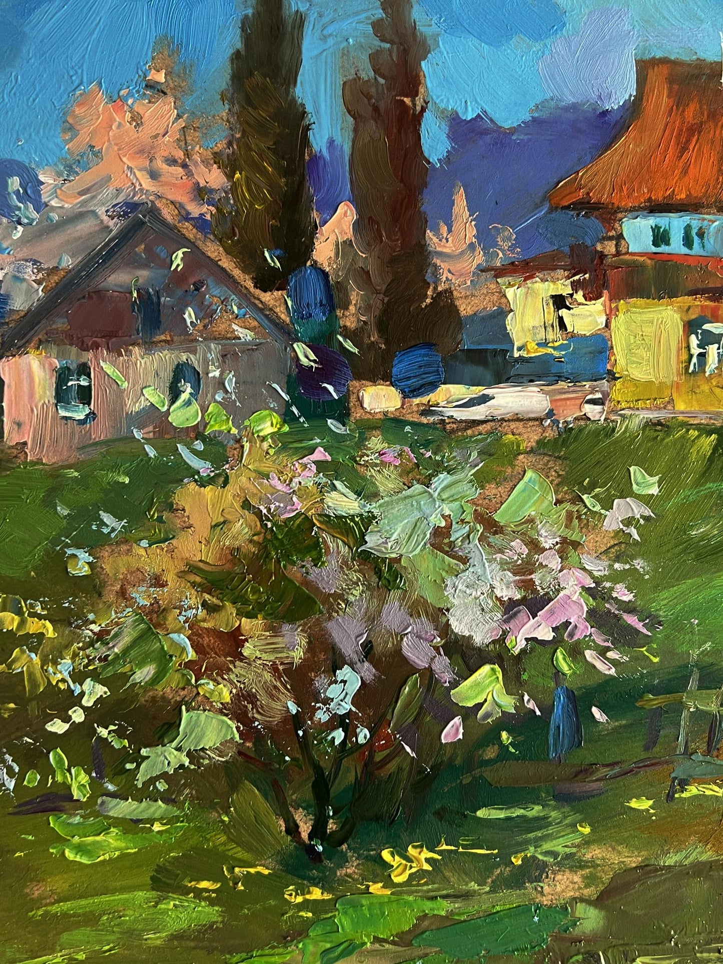 Vibrant impressionist oil painting of Yuriy Suprunchuk village garden with goat