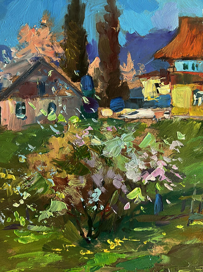 Vibrant impressionist oil painting of Yuriy Suprunchuk village garden with goat