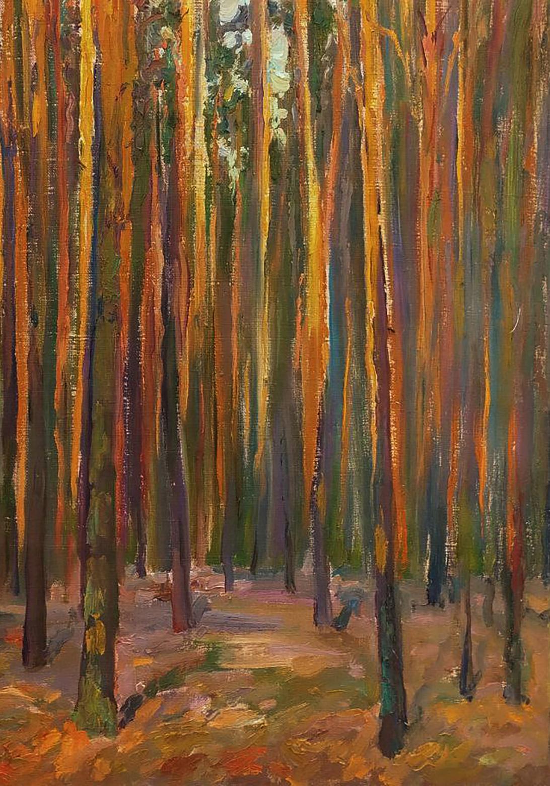 Oil painting of pine forest by Leonid Pavlenko in warm tones