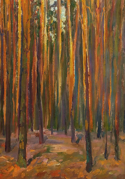 Oil painting of pine forest by Leonid Pavlenko in warm tones