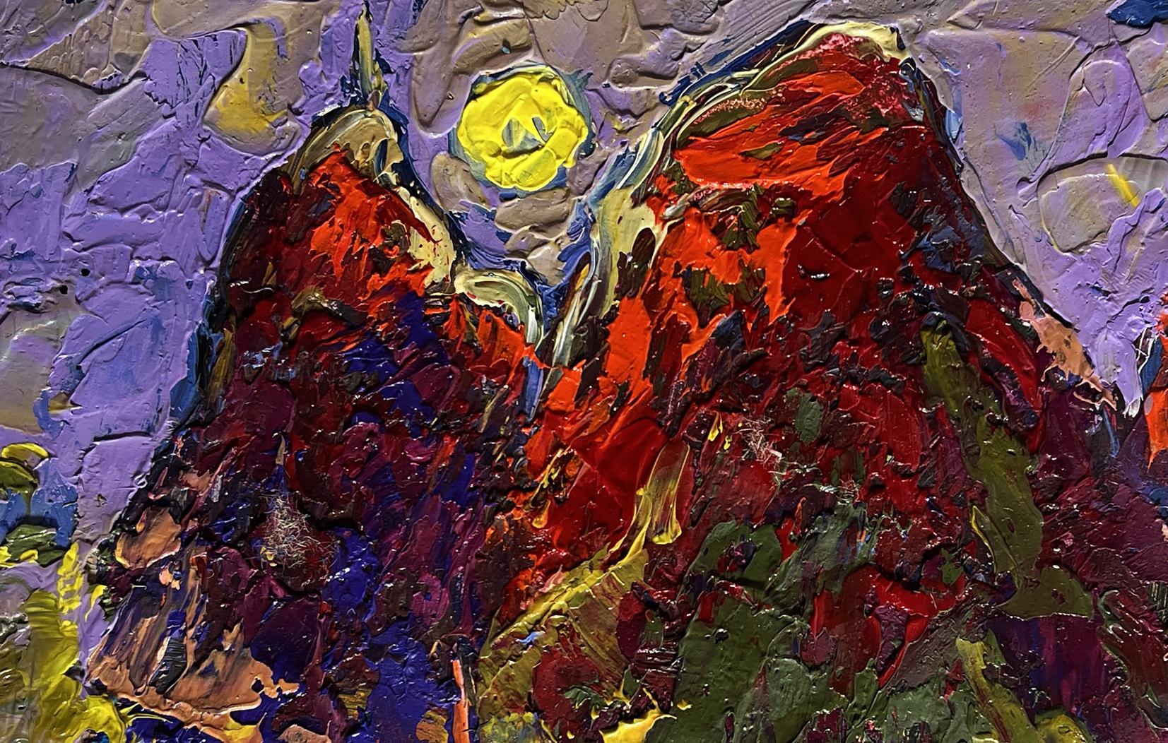 Vibrant oil painting of red mountains and glowing sun by Oleksiy Ivanyuk