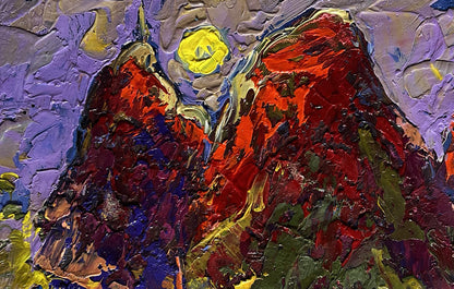 Vibrant oil painting of red mountains and glowing sun by Oleksiy Ivanyuk
