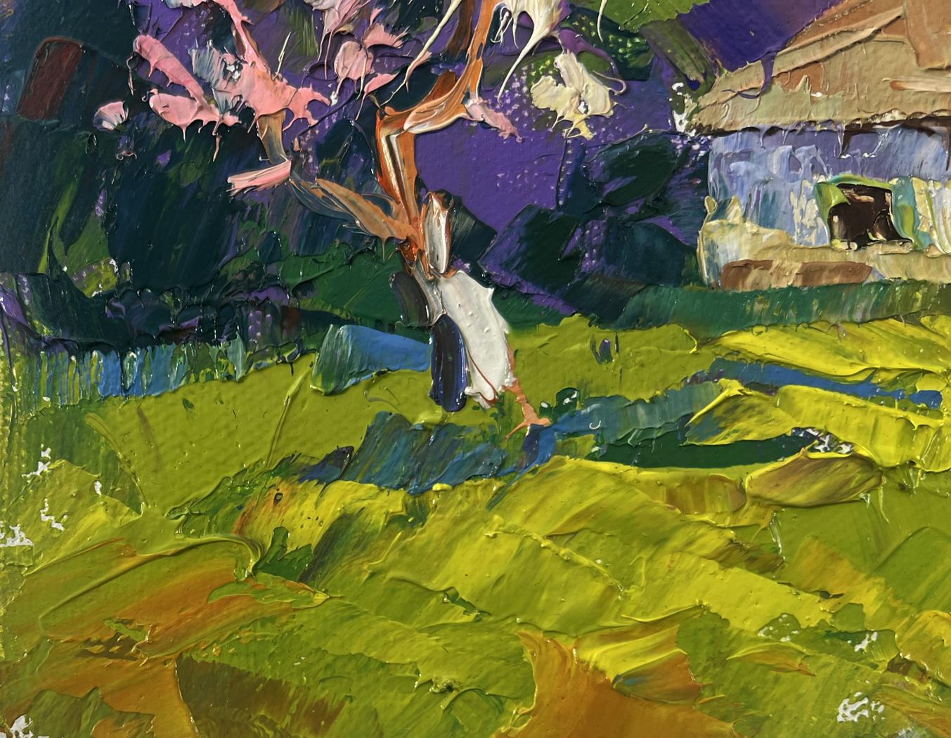 Vibrant impressionist oil painting by Oleksiy Ivanyuk: figure in white under pink tree