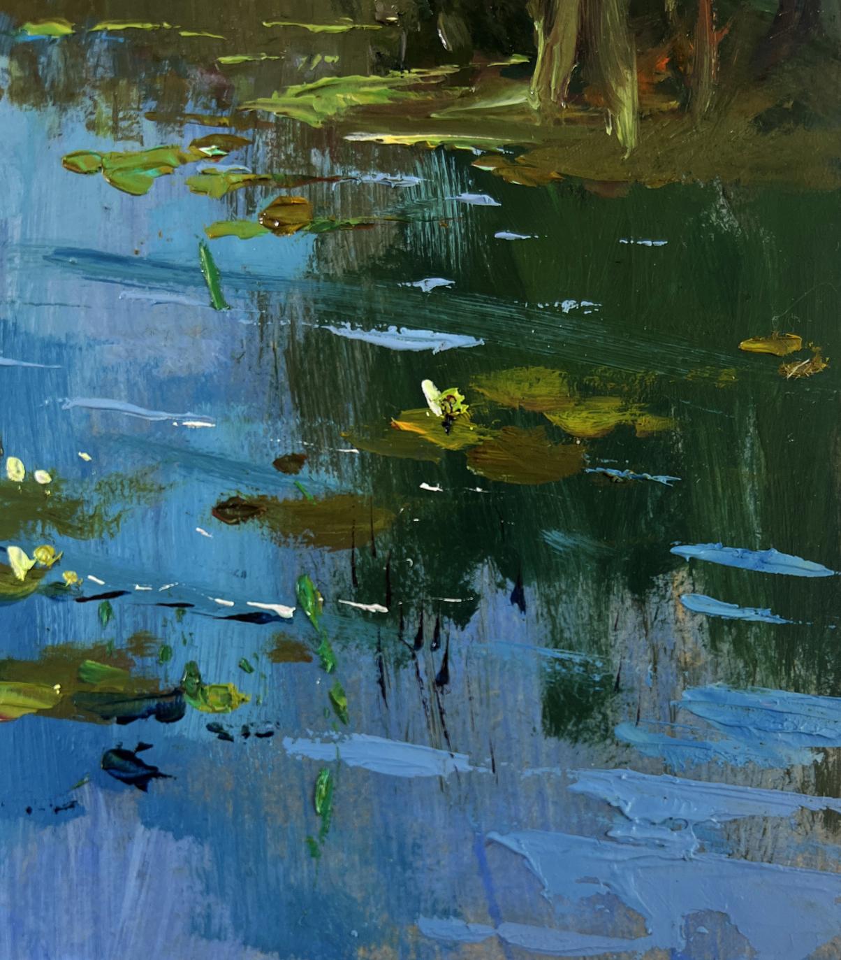 Textured impressionist pond painting with lily pads by Yuriy Suprunchuk