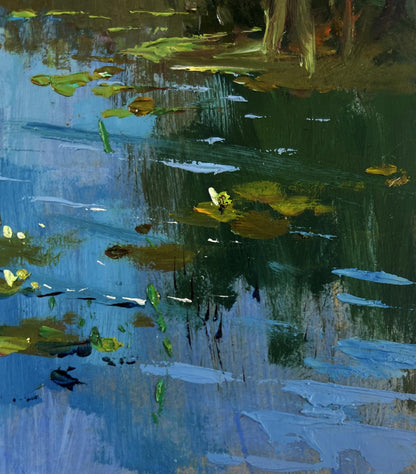 Textured impressionist pond painting with lily pads by Yuriy Suprunchuk