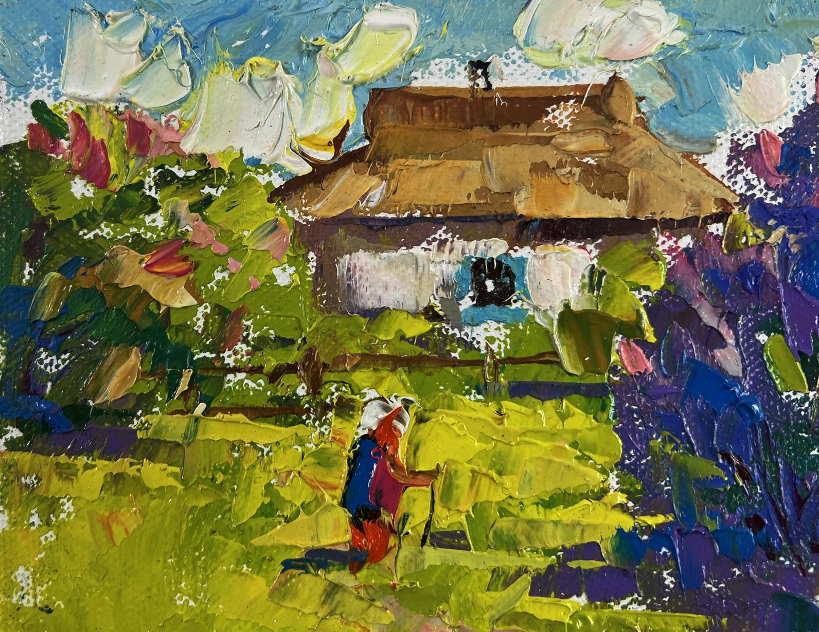Oil painting by Oleksiy Ivanyuk: rustic thatched house in vibrant spring foliage