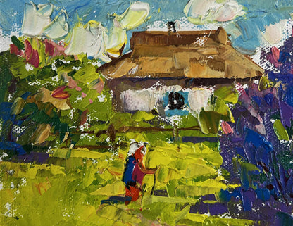 Oil painting by Oleksiy Ivanyuk: rustic thatched house in vibrant spring foliage