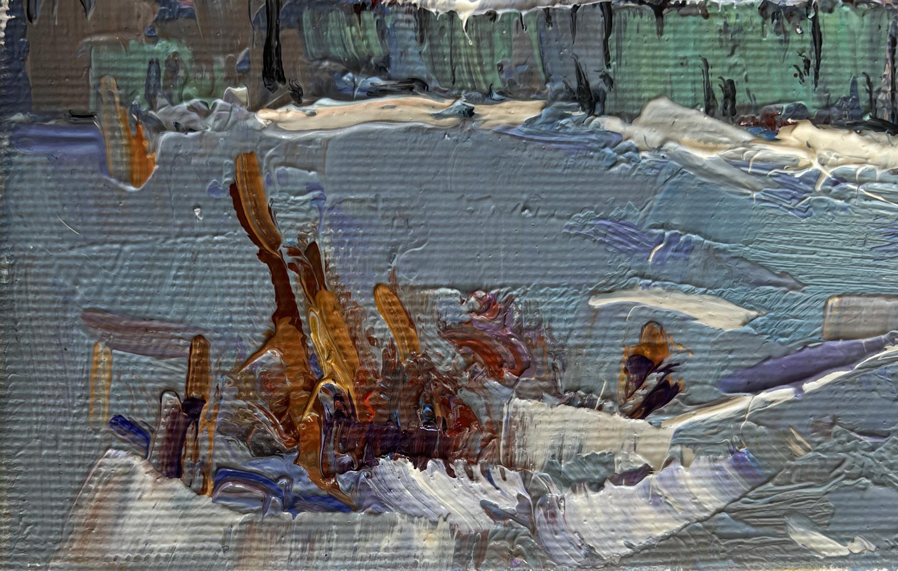 Textured impasto oil painting of snowy village by Oksana Ivanyuk