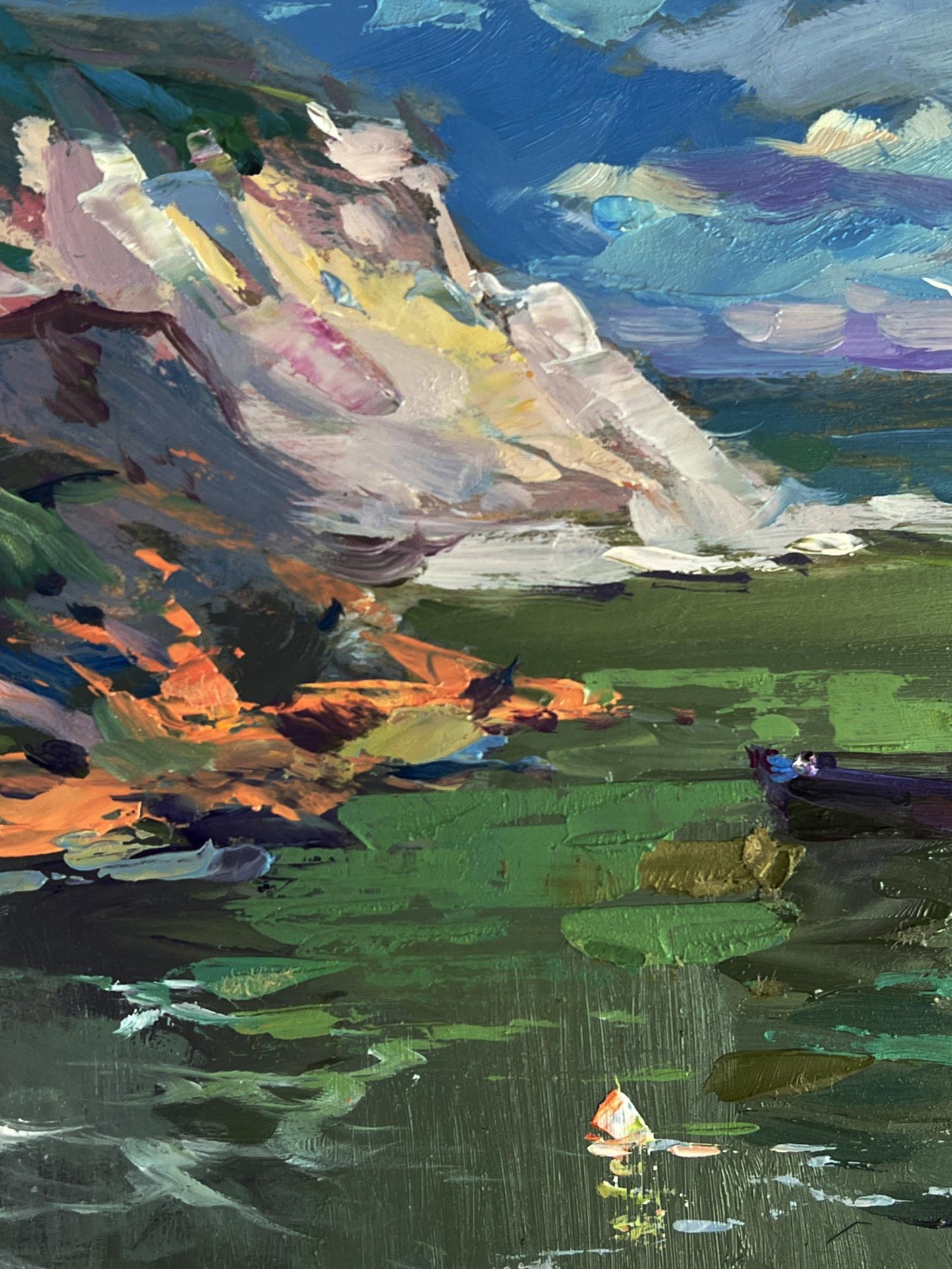 Vibrant impressionist oil painting of fishing boat at sea by Yuriy Suprunchuk
