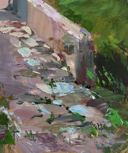 Textured impressionistic oil painting of stone pathway bridge to village by Yuriy Suprunchuk