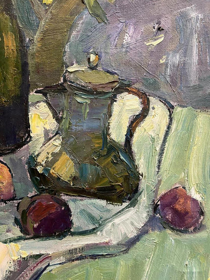 Oil painting of greenish-brown teapot in still life with fruits and dishes by Oleksandr Andreev