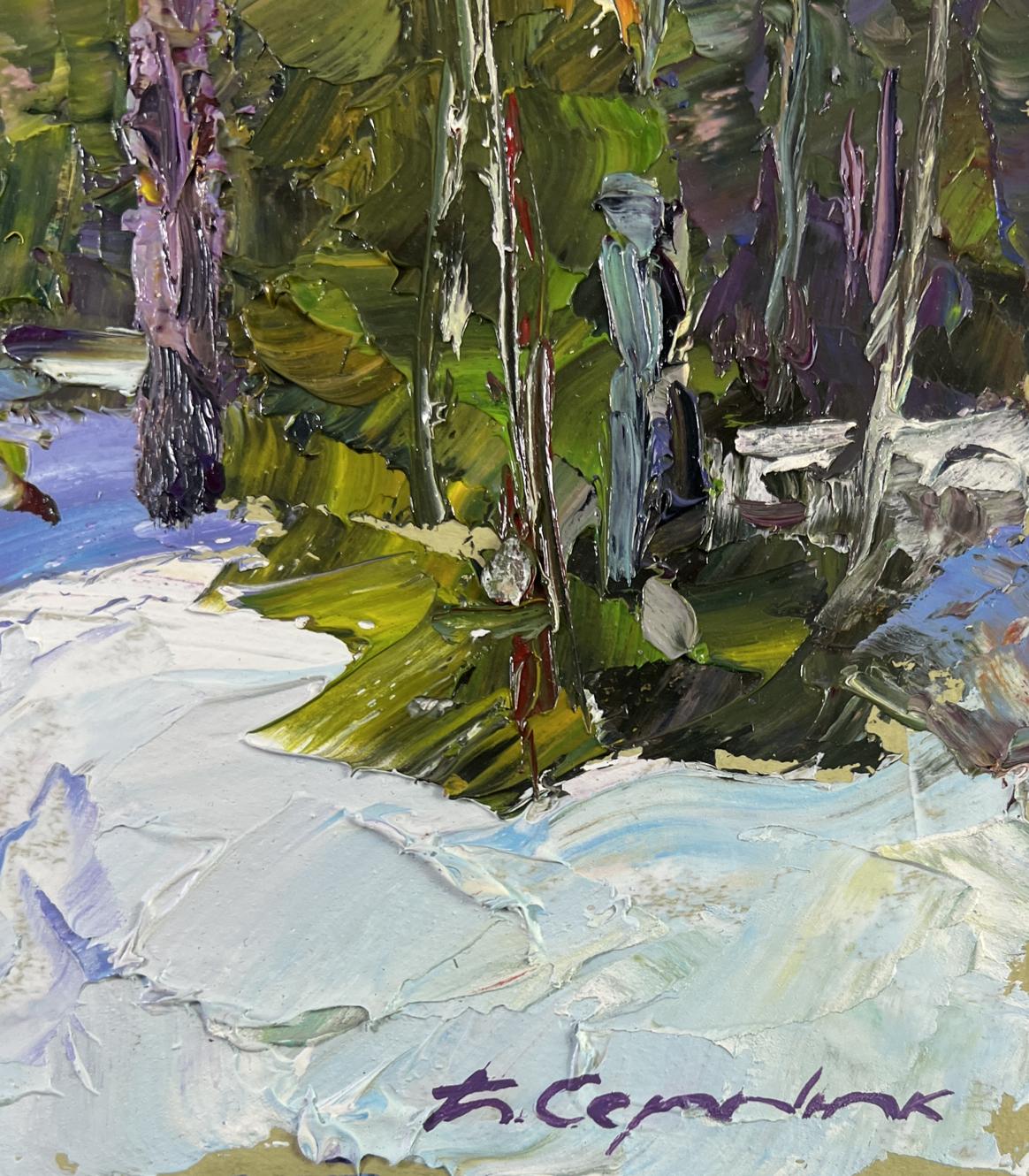 Oil painting Winter fairy tale in the forest by Boris Serdyuk, textured impressionist forest scene